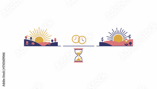 Two landscapes evolving through time from sunrise to sunset, depicted with varying elements and an hourglass symbolizing the flow of time, on a transparent background