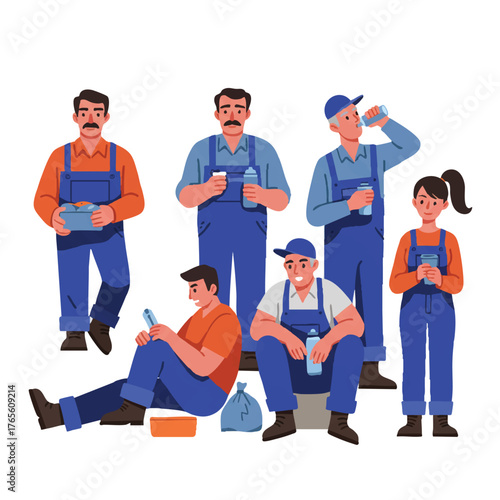 Hardworking laborers taking a brief resting break are depicted sitting down and conversing casually after manual work in a modern 2D flat illustration against a clean white background.