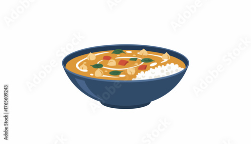 Chickpea curry, also known as chana masala, serving in a blue bowl with rice, creamy sauce, and fresh herbs, representing a delicious vegan and vegetarian comfort food, on a transparent background