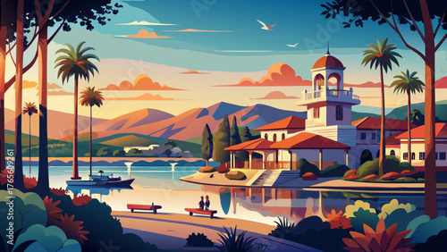 Very beautiful afternoon view of Lake San Marcos in San Marcos, California, USA, featuring calm sparkling waters, surrounding lush greenery, and charming lakeside homes under bright sunlight, creating
