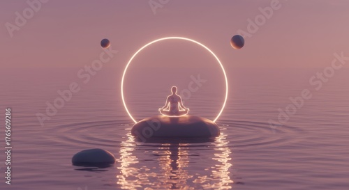 A minimalist, abstract scene showing a person meditating on a calm, serene rock in the middle of a peaceful, floating lake. The figure is a glowing silhouette, surrounded by soft, pastel light