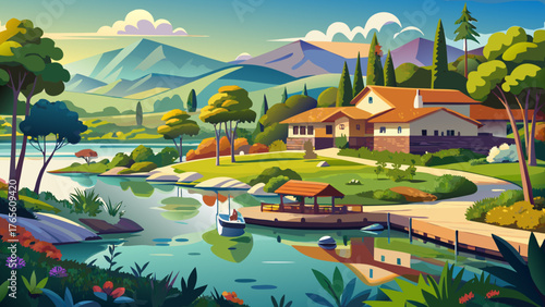 Very beautiful afternoon view of Lake San Marcos in San Marcos, California, USA, featuring calm sparkling waters, surrounding lush greenery, and charming lakeside homes under bright sunlight, creating