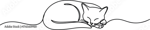 Minimalist line art of a sleeping cat curled up peacefully on a white background