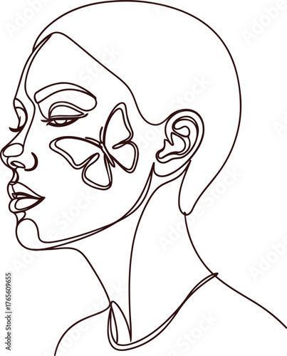 Minimalist line art of a woman's face with butterfly on cheek in profile view
