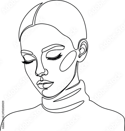 Minimalist line art portrait of a serene woman with closed eyes in black and white