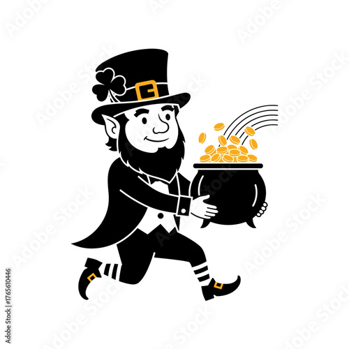 A cheerful leprechaun running with a pot of gold and a rainbow to celebrate St. Patrick's Day, silhouette on a transparent background