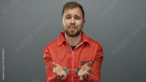 Foto Man in orange prisoner jumpsuit with visible handcuffs and hands held forward in gray studio; pleading remorse