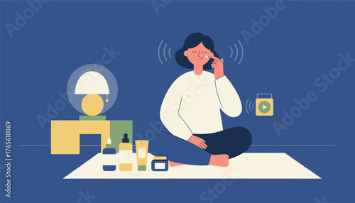 Young woman sitting cross legged on a mat at home, gently using a jade facial roller amid skincare products while listening to an audio podcast for relaxation and self care
