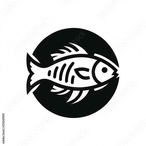 Striking minimalist fish skeleton emblem in black circle, symbolizing seafood, nature, or culinary arts