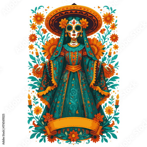 Elegant La Catrina Illustration — Day of the Dead Woman in Traditional Dress with Flowers