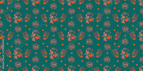 Orange tree folk horizontal wallpaper. Citrus fruits on an emerald green background in a retro boho style for fabric and textiles. Seamless botanical pattern.