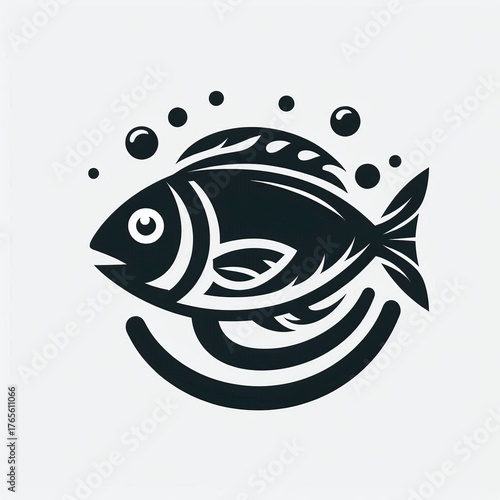Stylized black fish with bubbles and circular wave design