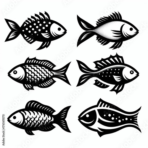 Six stylized black and white fish illustrations, perfect for nautical designs and ocean themes, adding a touch of marine charm.
