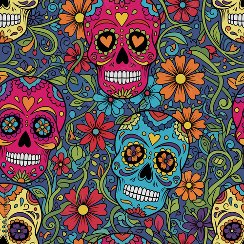 Vibrant Sugar Skulls and Flowers Seamless Pattern. Day of the Dead Calavera Art Background with Intricate Floral Design.