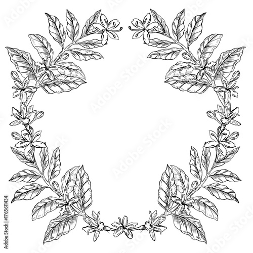 A wreath of coffee tree branches and flowers. Vector illustration for coffee shop interiors, product packaging, postcards, coffee cup bonfires, and menu design.