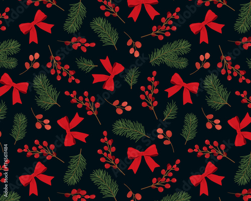 Festive seamless vector pattern with hand-drawn red bows, pine branches, and winter berries on a dark background. Perfect for Christmas fabric, wrapping paper, holiday decor, cards, and packaging