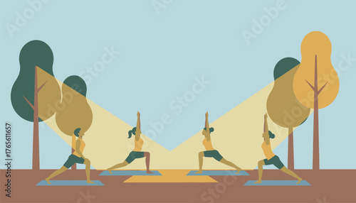 Four women practice yoga on mats in a sunny park, stretching into poses amid trees for a peaceful outdoor wellness session promoting balance, strength, and relaxation