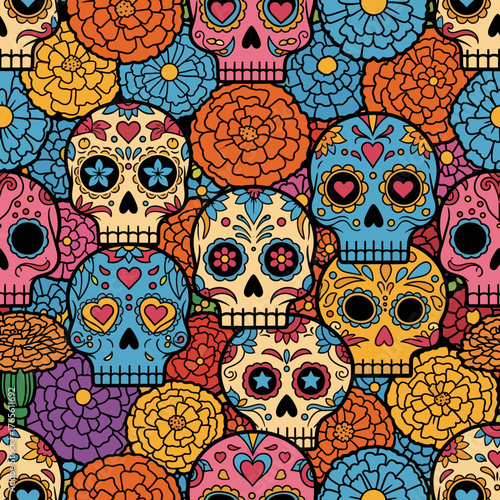 Día de los Muertos Seamless Pattern with Colorful Sugar Skulls and Marigold Flowers. Traditional Mexican Celebration Background.