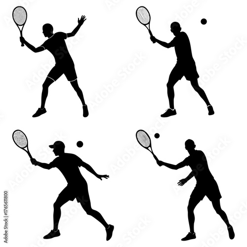Dynamic tennis players in silhouette capturing athletic action and powerful serves on court, perfect for sports promotion and design.
