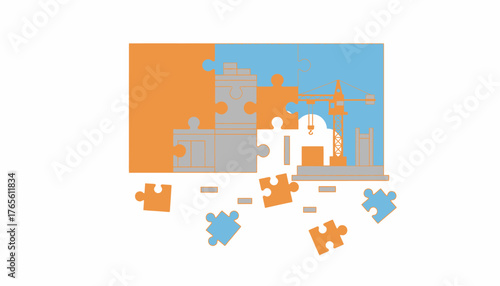 Incomplete puzzle of a construction site with crane and stacked boxes, symbolizing architecture, teamwork and unfolding development toward future growth and urban progress