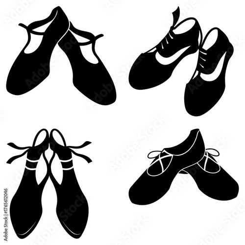Elegant collection of dance shoes silhouettes for performance art, perfect for ballet, tap, and Irish dance schools and studio branding, adaptable vector design
