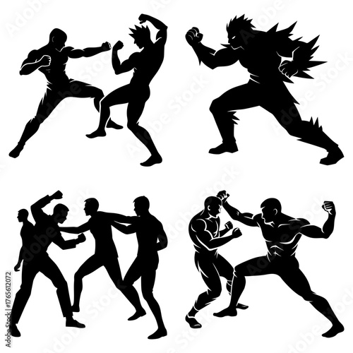 Dynamic silhouettes of fighters in fierce combat, showcasing strength, agility, and intense action, perfect for sports branding and martial arts promotion