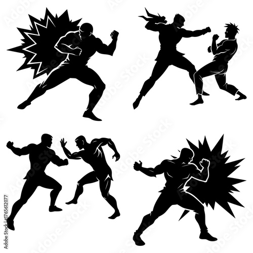 Dynamic martial arts fighting silhouettes, powerful combat poses, action-packed competition ready for posters, esports, and gaming designs. Vector ready