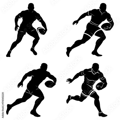 Dynamic rugby players in silhouette showcasing athleticism and team spirit for sports branding and energetic designs