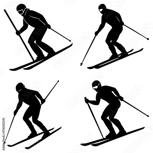 Dynamic skiers capture the thrill of downhill racing, showcasing speed, agility, and winter sport excitement in a clean, modern design