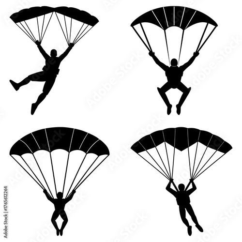 Dynamic skydivers in silhouette descend with parachutes open, showcasing thrilling aerial freedom and adventure sports excitement.