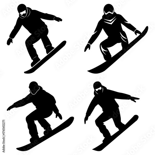 Dynamic snowboarders carving slopes, capturing the thrill of winter sports adventure and extreme athletic performance in stylish silhouette