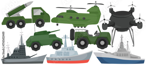 Vector Military Vehicle Clip Art Set War Transport Helicopter Drone Tank Jeep Ship Illustration Isolated on White Background Graphic Army
