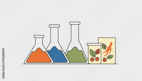 Laboratory beakers and flasks containing colorful liquids alongside containers with ginseng root, leaves, and berries, illustrating natural medicine and pharmaceutical research