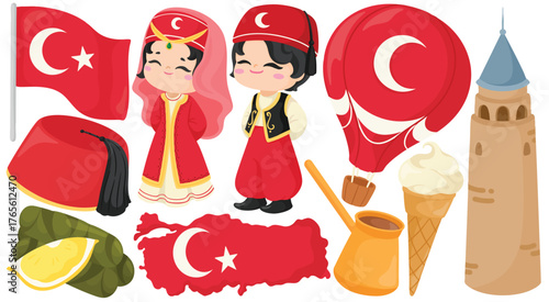 Vector Turkey Clip Art Set Culture Travel Elements Flag Fez Hot Air Balloon Galata Tower People Illustration Isolated on White Background Graphic Landmark