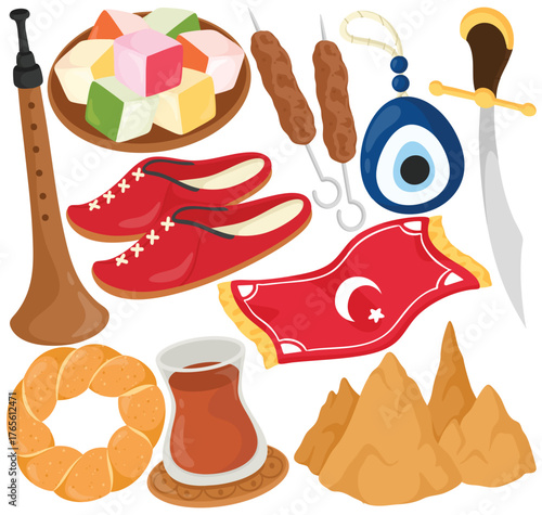 Vector Turkey Clip Art Set Culture Travel Elements Flag Fez Hot Air Balloon Galata Tower People Illustration Isolated on White Background Graphic Landmark