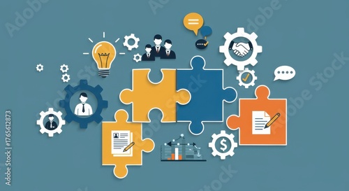 A visual metaphor of interconnected gears and puzzle pieces, each with different professional icons (a lightbulb, a handshake, a document), all fitting together perfectly.