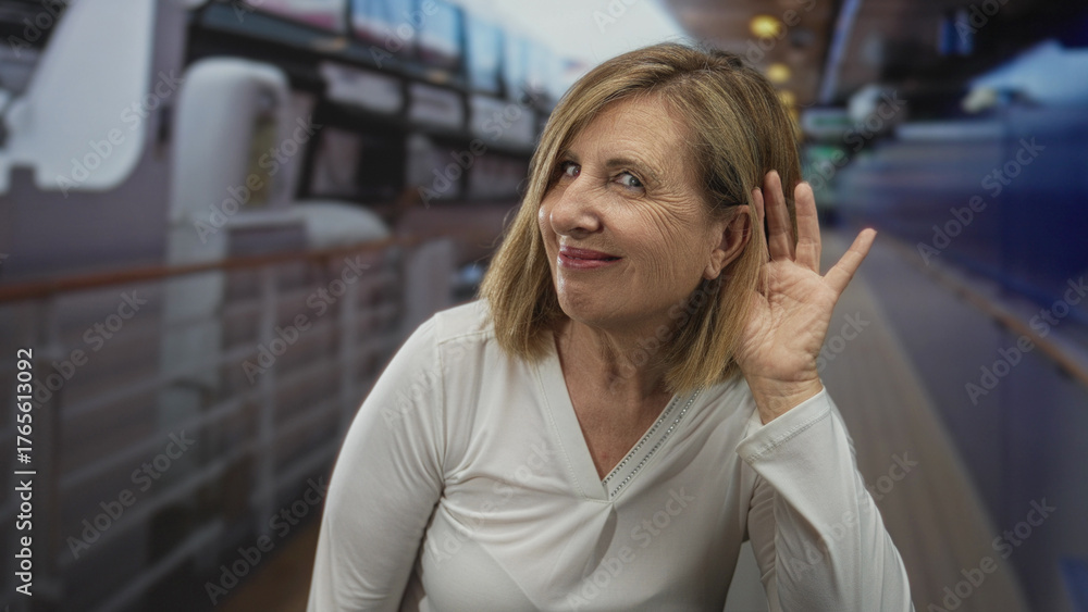 Fototapeta premium Woman cupping ear and smiling beside white railing on cruise deck with cabin windows behind; curiosity.