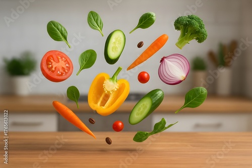 Flying fresh vegetables above kitchen counter in motion
