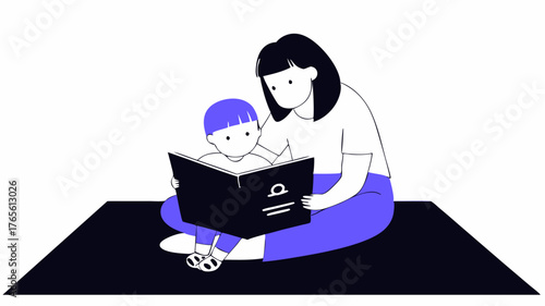 An illustration of a caring adult sitting down with a child reading a storybook together on a rug highlighting the nurturing aspect of emotional support in foster care.