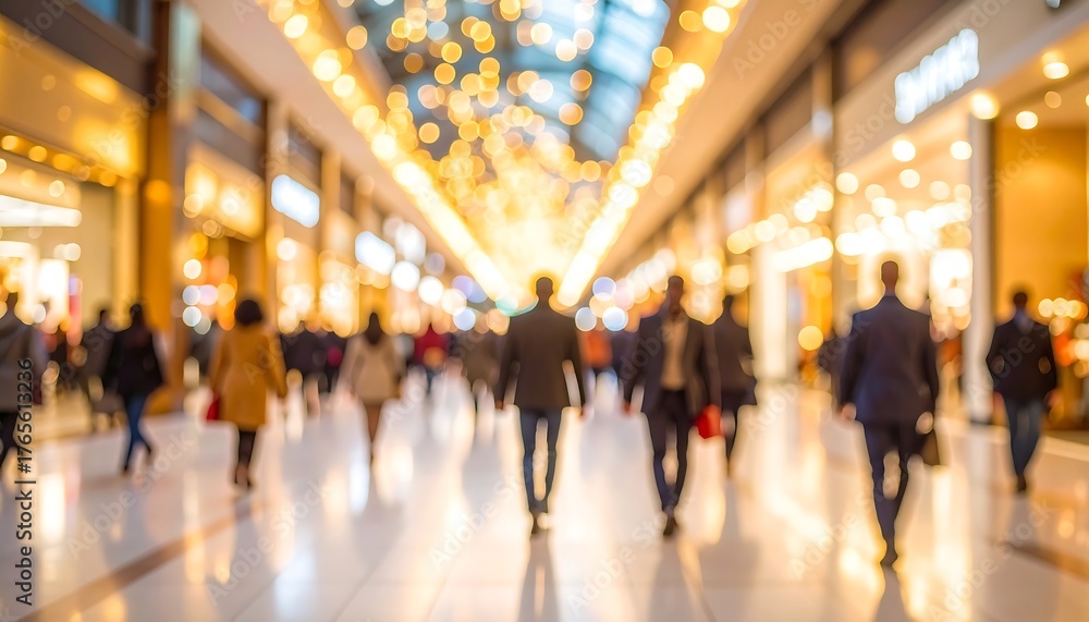 Fototapeta premium Blurred view of shoppers in a bright mall with glowing lights, suggesting holiday shopping or a busy retail space