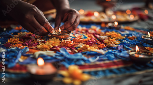 Hands Arranging Flowers in Traditional Mandala Pooja