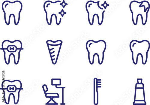 Dental care icons vector set teeth health hygiene dentist clinic orthodontics