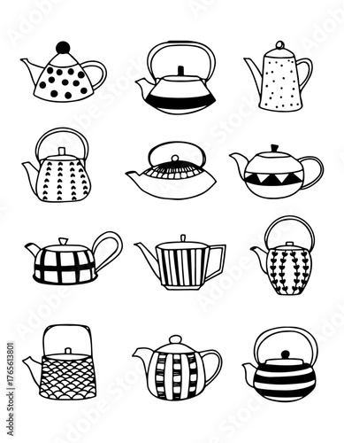 Hand-drawn doodle teapot and kettle collection. Vector illustration icon set on white background.