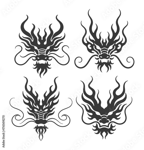 Set of black tribal dragon head tattoos. Vector illustration of mythical creature faces for emblem.