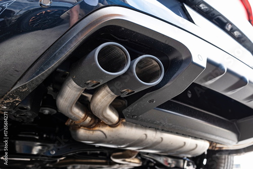 Bild auf Leinwand Twin tip car exhaust pipe tip and muffler, piping and silencer box on a new European car
