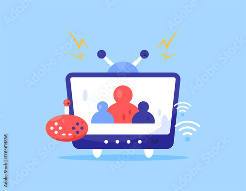 Multiplayer game concept. Playing multiplayer online. Illustration of a tube television, controller, network symbol, and group symbol. Flat style design. Blue background.