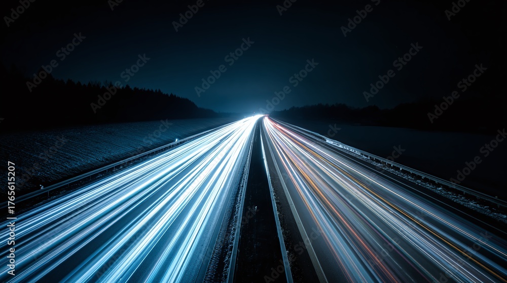 Obraz premium Night highway streaks with light trails, a visual symphony of motion and speed. Long exposure captures the essence of modern transportation in darkness.