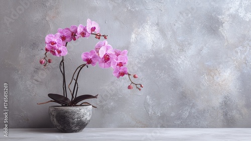 Elegant pink orchid in a marbled gray pot against a textured gray backdrop, creates a serene and sophisticated floral display. Delicate blooms and soft, ambient light enhance the natural beauty.