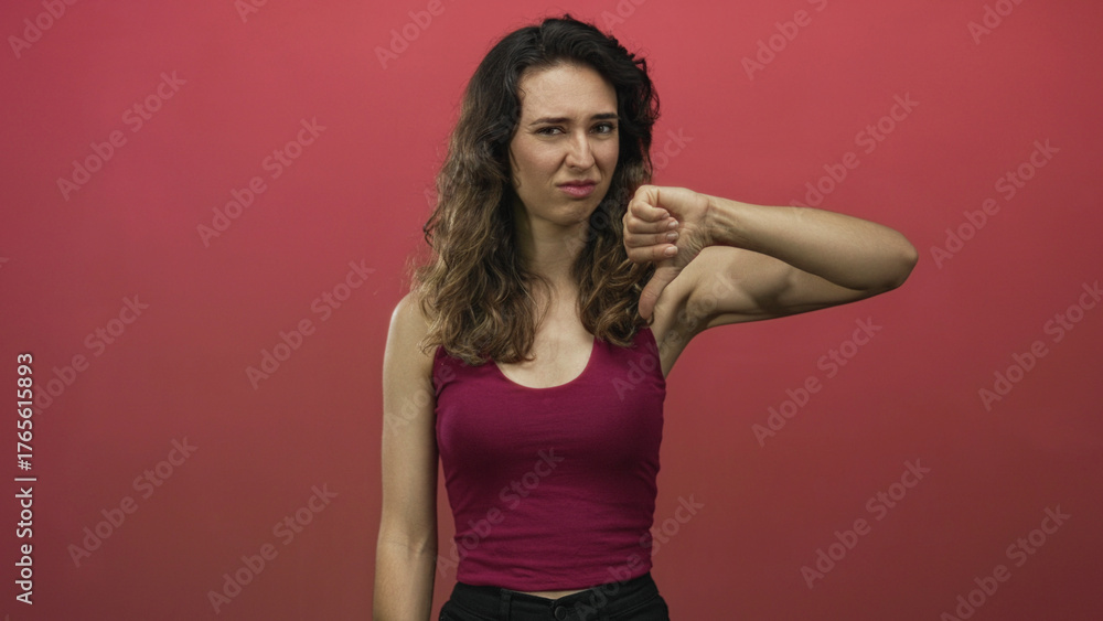 Fototapeta premium Young woman shows bare arms and grimacing expression as she displays a thumbs-down gesture in a studio; dissatisfaction.