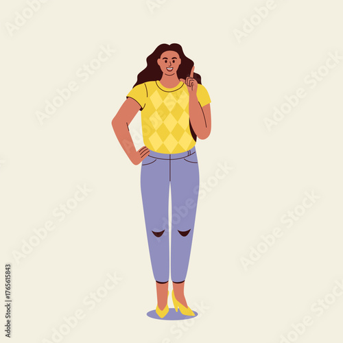 Young Woman with an Idea Pointing Up, Flat Vector Illustration